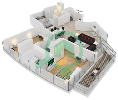 المخططات الطابقية لتصميم النموذج 1 شقة 2 غرفة نوم - ترايدنت جراند ريزيدنس