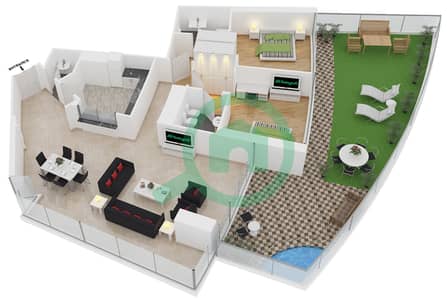المخططات الطابقية لتصميم النموذج 1G شقة 2 غرفة نوم - ترايدنت جراند ريزيدنس