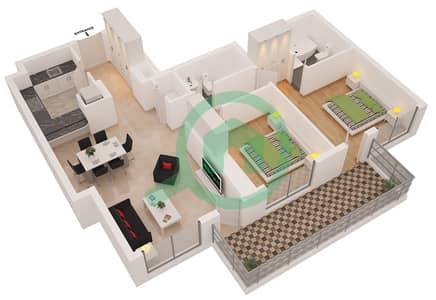 المخططات الطابقية لتصميم النموذج 3 FLOORS 2-22 شقة 2 غرفة نوم - برج الزمان والمكان