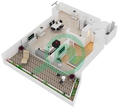 المخططات الطابقية لتصميم النموذج 1-E شقة 1 غرفة نوم - ويفز تاور 2