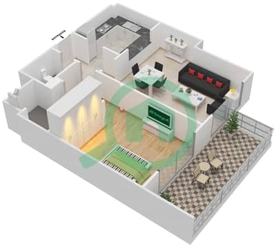 المخططات الطابقية لتصميم النموذج 2 شقة 1 غرفة نوم - برج التألق 3