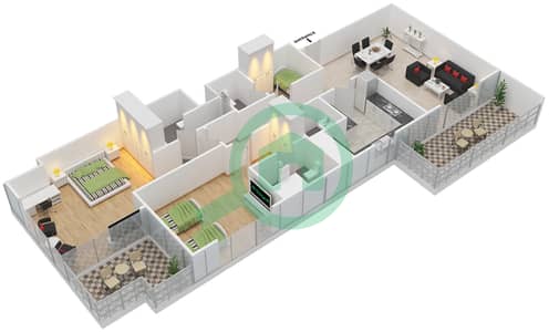 المخططات الطابقية لتصميم النموذج 1 شقة 2 غرفة نوم - سباركل تاور 2