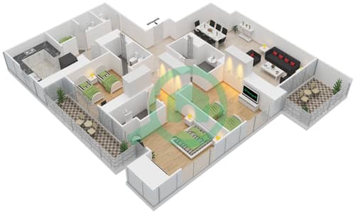 المخططات الطابقية لتصميم النموذج 2 شقة 3 غرف نوم - سباركل تاور 1