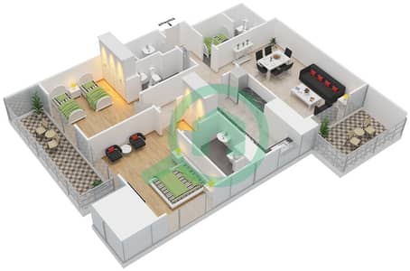 المخططات الطابقية لتصميم النموذج 4 شقة 2 غرفة نوم - سباركل تاور 1