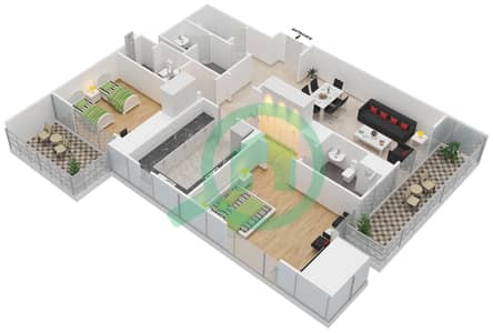 المخططات الطابقية لتصميم النموذج 3 شقة 2 غرفة نوم - سباركل تاور 1