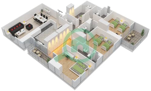 المخططات الطابقية لتصميم النموذج 3 شقة 3 غرف نوم - سباركل تاور 1