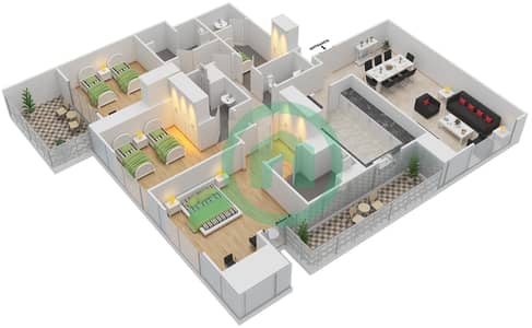 المخططات الطابقية لتصميم النموذج 1 شقة 3 غرف نوم - سباركل تاور 1