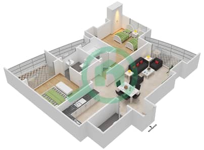 المخططات الطابقية لتصميم الوحدة 1,3,6,8 FLOOR 19-31 شقة 2 غرفة نوم - برجي