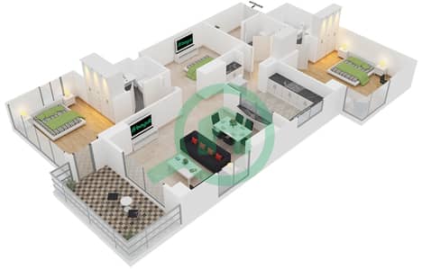 المخططات الطابقية لتصميم النموذج 6 شقة 3 غرف نوم - برج المسك