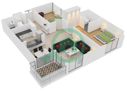المخططات الطابقية لتصميم النموذج 5 شقة 2 غرفة نوم - برج المسك