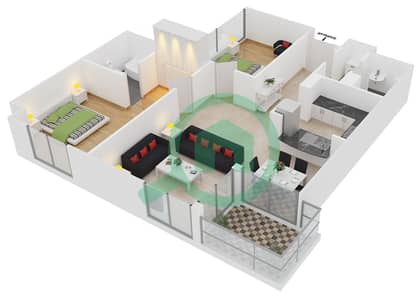 المخططات الطابقية لتصميم النموذج 2 شقة 2 غرفة نوم - برج المسك