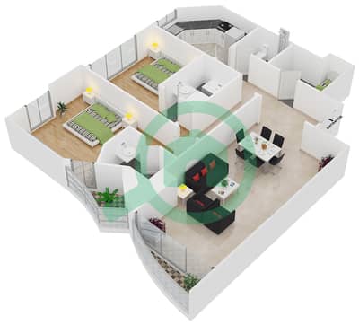 المخططات الطابقية لتصميم الوحدة 2 شقة 2 غرفة نوم - مارینا وارف 2