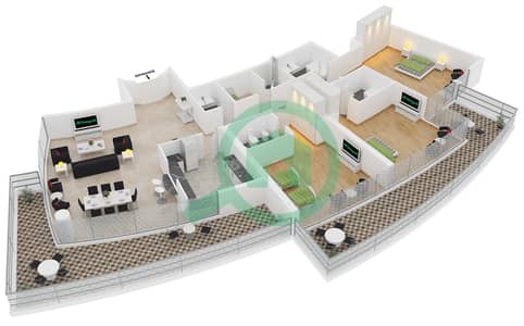 المخططات الطابقية لتصميم النموذج 2 شقة 3 غرف نوم - برج ترايدنت مارينا سكيب أوشيانيك