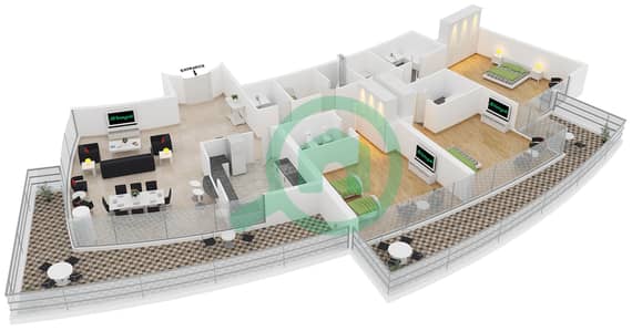 المخططات الطابقية لتصميم النموذج 1 شقة 3 غرف نوم - برج ترايدنت مارينا سكيب أوشيانيك