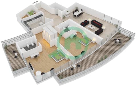 المخططات الطابقية لتصميم النموذج 3 شقة 2 غرفة نوم - برج ترايدنت مارينا سكيب أوشيانيك