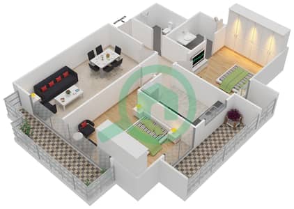 المخططات الطابقية لتصميم النموذج 8 شقة 2 غرفة نوم - لؤلؤة المارينا