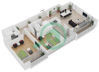 المخططات الطابقية لتصميم النموذج 3 شقة 2 غرفة نوم - مساكن الزمرد