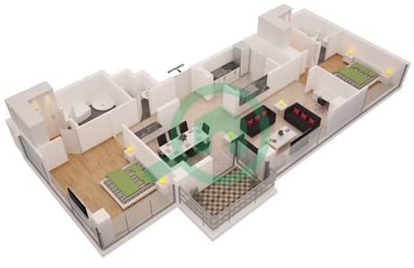 المخططات الطابقية لتصميم النموذج 1 شقة 2 غرفة نوم - ديلفين
