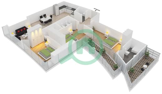 المخططات الطابقية لتصميم الوحدة 1205 شقة 3 غرف نوم - داماك هايتس