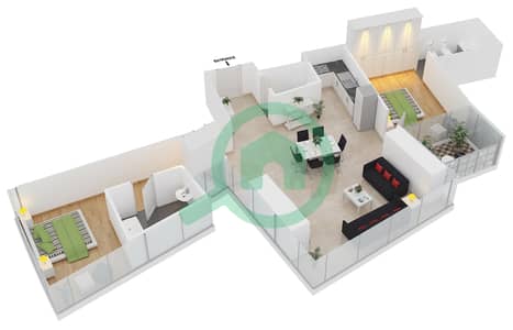 المخططات الطابقية لتصميم الوحدة 1201 شقة 2 غرفة نوم - داماك هايتس
