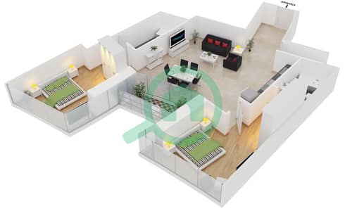المخططات الطابقية لتصميم الوحدة 105 شقة 2 غرفة نوم - داماك هايتس