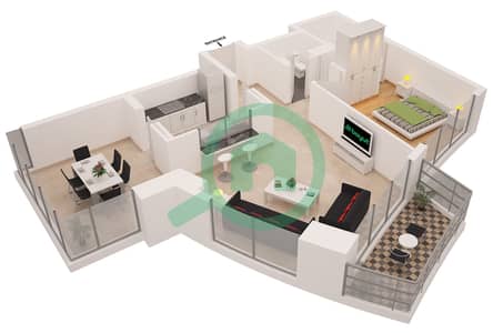 المخططات الطابقية لتصميم النموذج 4 شقة 1 غرفة نوم - برج بلاكلي