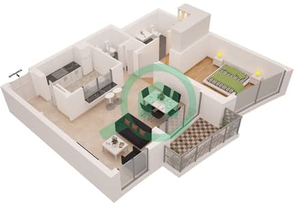 المخططات الطابقية لتصميم النموذج 1 شقة 1 غرفة نوم - برج بلاكلي