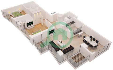 المخططات الطابقية لتصميم النموذج 3 شقة 2 غرفة نوم - برج بلاكلي