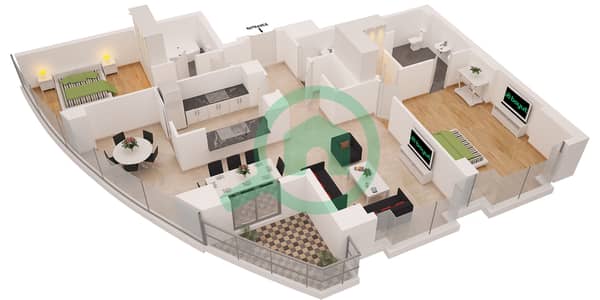 المخططات الطابقية لتصميم النموذج 2 شقة 2 غرفة نوم - بوبورت
