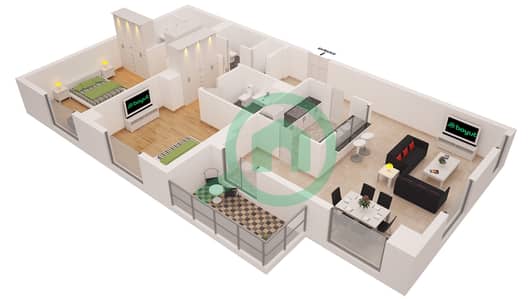 المخططات الطابقية لتصميم النموذج 1 شقة 2 غرفة نوم - بوبورت