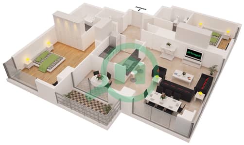 المخططات الطابقية لتصميم التصميم 1 شقة 2 غرفة نوم - برج أتيسا