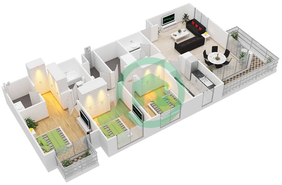 Park Ridge - 3 Bedroom Apartment Type/unit 3B/17-18 Floor plan Floor 1-2,7-13,18 image3D