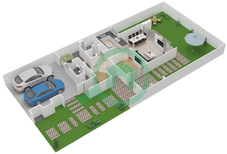 المخططات الطابقية لتصميم النموذج / الوحدة 3/3E تاون هاوس 4 غرف نوم - ميبل في دبي هيلز استيت 3 Ground Floor image3D