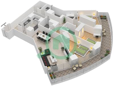 مرسى بلازا - 3 غرفة شقق النموذج / الوحدة 3B-07 /1402,1502,1602 مخطط الطابق