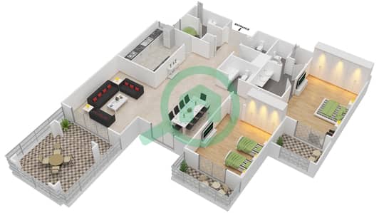 المخططات الطابقية لتصميم النموذج O شقة 2 غرفة نوم - بنايات البادية
