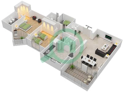 المخططات الطابقية لتصميم النموذج I شقة 2 غرفة نوم - بنايات البادية