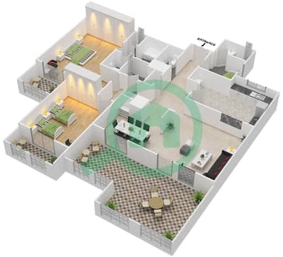 المخططات الطابقية لتصميم النموذج E FLOOR 3 شقة 2 غرفة نوم - بنايات البادية
