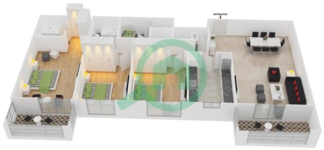 Azizi Liatris - 3 Bed Apartments Type/Unit 1B/09 Floor plan