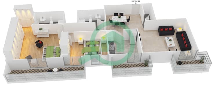 المخططات الطابقية لتصميم النموذج E شقة 2 غرفة نوم - فكتوريا ريزيدينسي