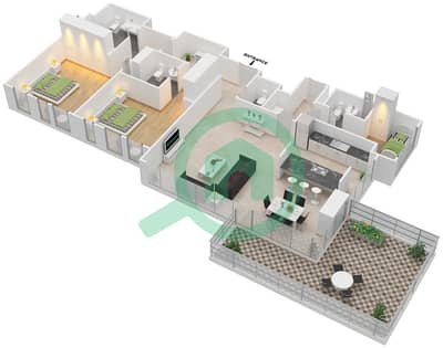 المخططات الطابقية لتصميم النموذج / الوحدة 2-1B/304 شقة 2 غرفة نوم - بلوواترز ريزيدينسز