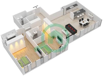 المخططات الطابقية لتصميم النموذج / الوحدة 8-1A/202 شقة 2 غرفة نوم - بلوواترز ريزيدينسز