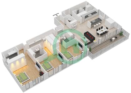 المخططات الطابقية لتصميم النموذج / الوحدة 1-1B/101 شقة 3 غرف نوم - بلوواترز ريزيدينسز