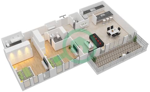المخططات الطابقية لتصميم النموذج / الوحدة 4-4/104 شقة 2 غرفة نوم - بلوواترز ريزيدينسز