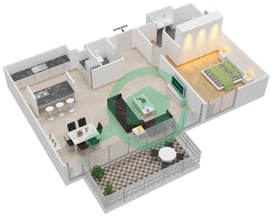 المخططات الطابقية لتصميم النموذج / الوحدة 2-3/305 شقة 1 غرفة نوم - بلوواترز ريزيدينسز