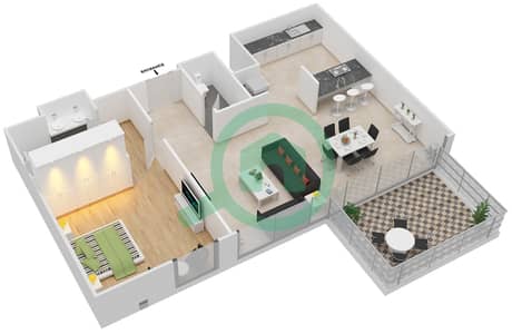 المخططات الطابقية لتصميم النموذج / الوحدة 2-2/303 شقة 1 غرفة نوم - بلوواترز ريزيدينسز