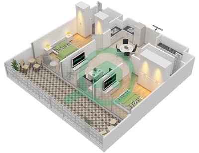 المخططات الطابقية لتصميم الوحدة 1-9,22 شقة 2 غرفة نوم - فيرا ريزيدنس