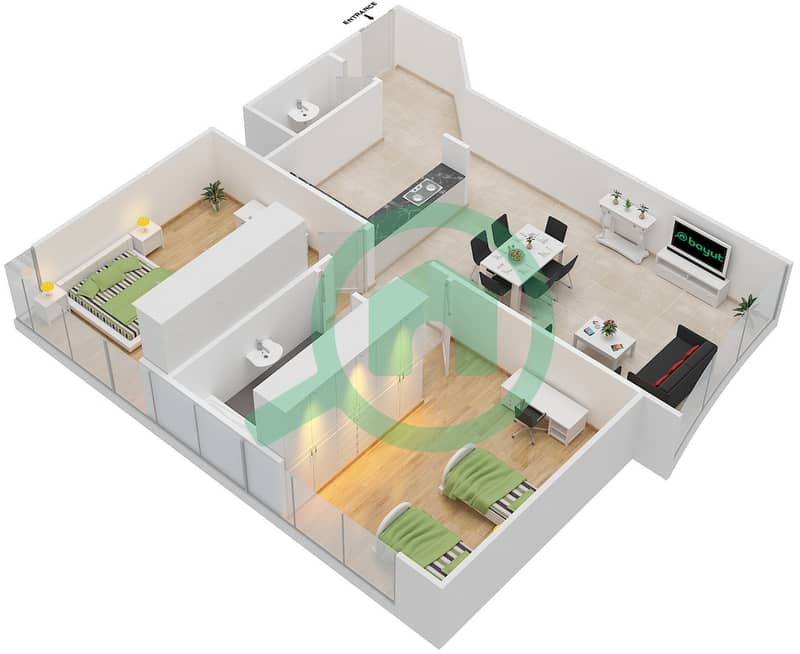 المخططات الطابقية لتصميم الوحدة 2&7 شقة 2 غرفة نوم - برج أونتاريو Floor 1-25 image3D