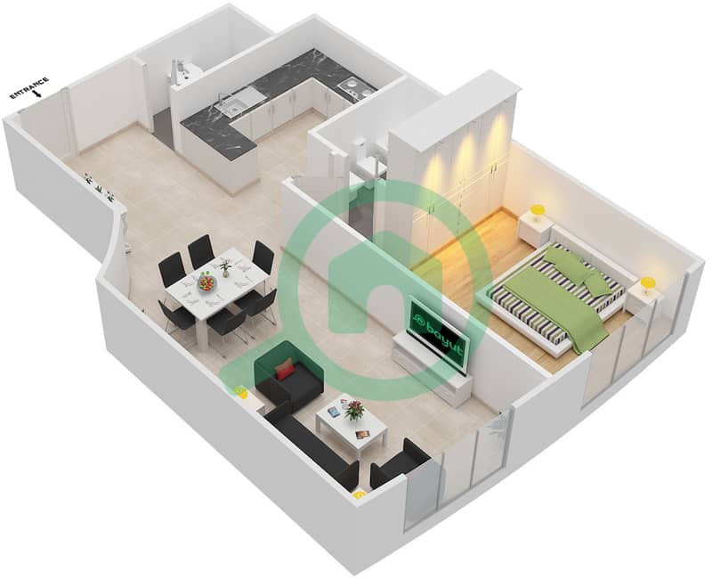 المخططات الطابقية لتصميم الوحدة 4&5 شقة 1 غرفة نوم - برج أونتاريو Floor 1-25 image3D