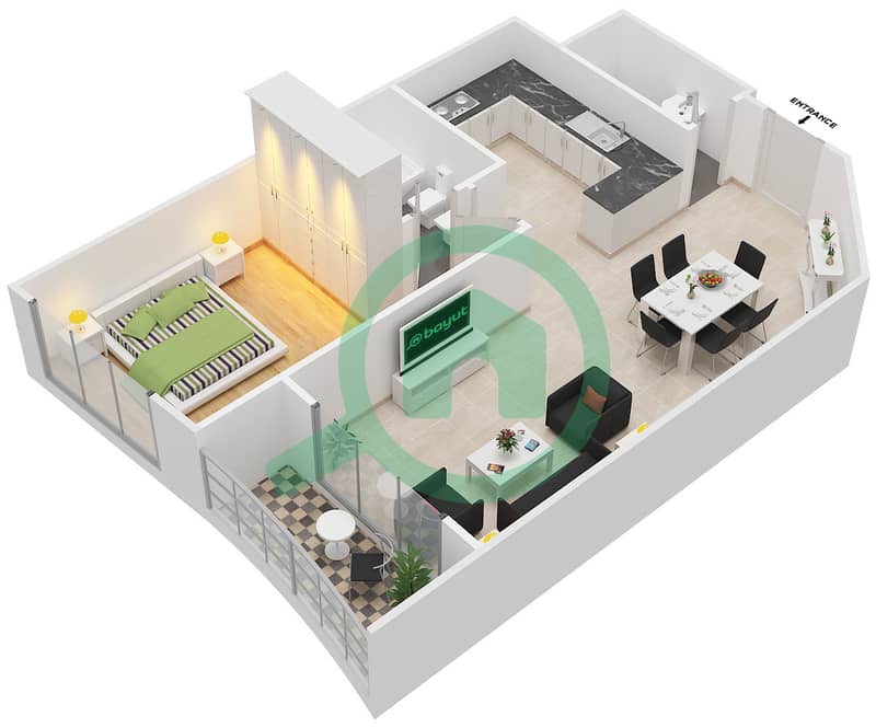المخططات الطابقية لتصميم الوحدة 3&6 شقة 1 غرفة نوم - برج أونتاريو Floor 1-25 image3D