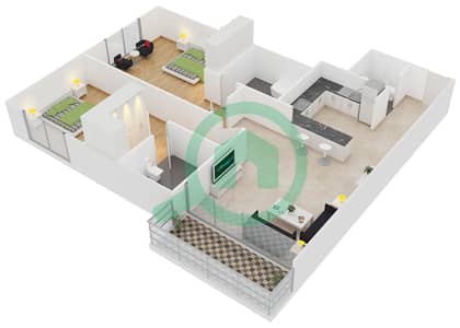 المخططات الطابقية لتصميم النموذج / الوحدة O/4 شقة 2 غرفة نوم - كلايتون ريزيدنسي